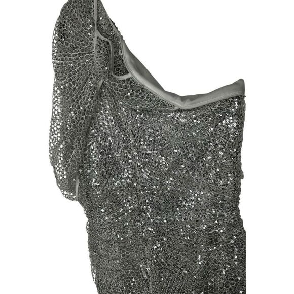 Maeve Reilly x BCBGMAZAZRIA Silver Asymmetrical Mini Dress Size 0 Puff Sleeve - Picture 6 of 12